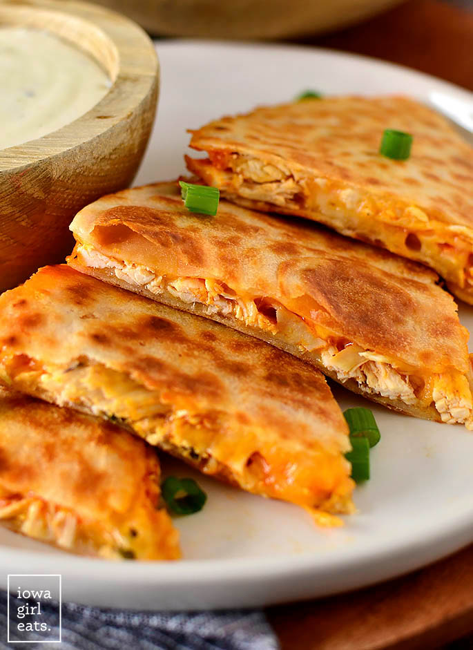 Buffalo chicken quesadillas laid out on a plate