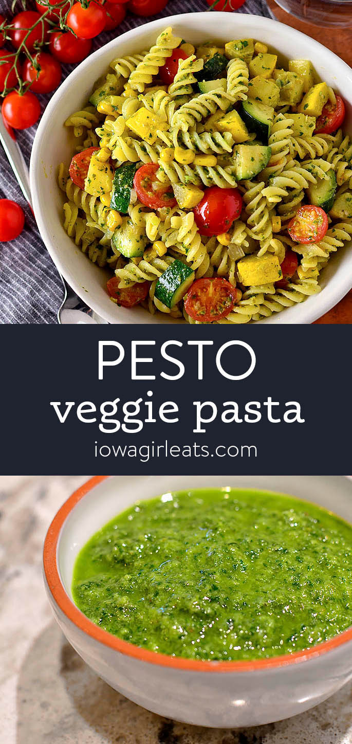 Photo collage of pesto veggie pasta