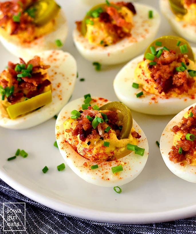 gorgeous loaded deviled eggs on a platter