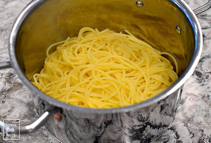 Pot of cooked spaghetti