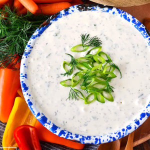 overhead photo of a bowl of whipped feta dip with green onions and dill on top