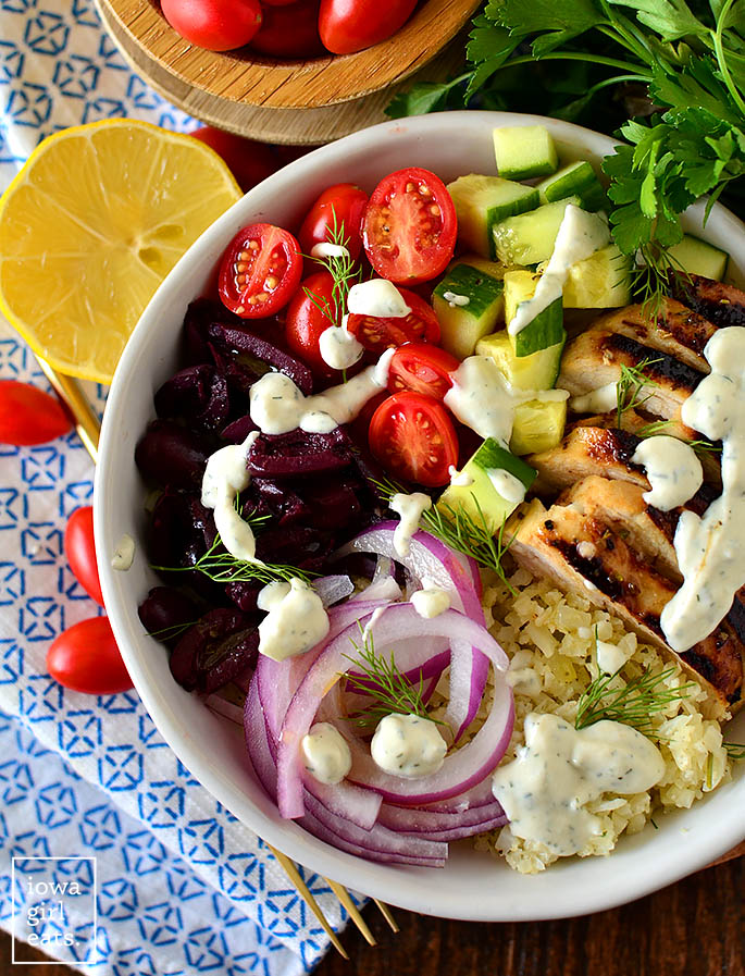low carb greek bowls with lots of fresh toppings