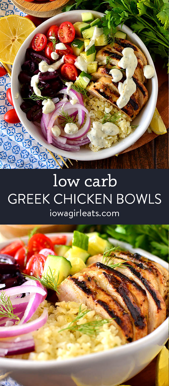 photo collage of low carb greek chicken bowls
