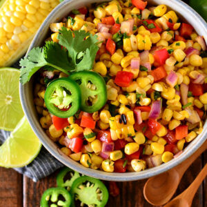 overhead photo of a fresh corn salad with southwest ingredients