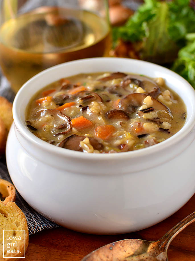 bowl of thick and cozy creamy wild rice mushroom soup