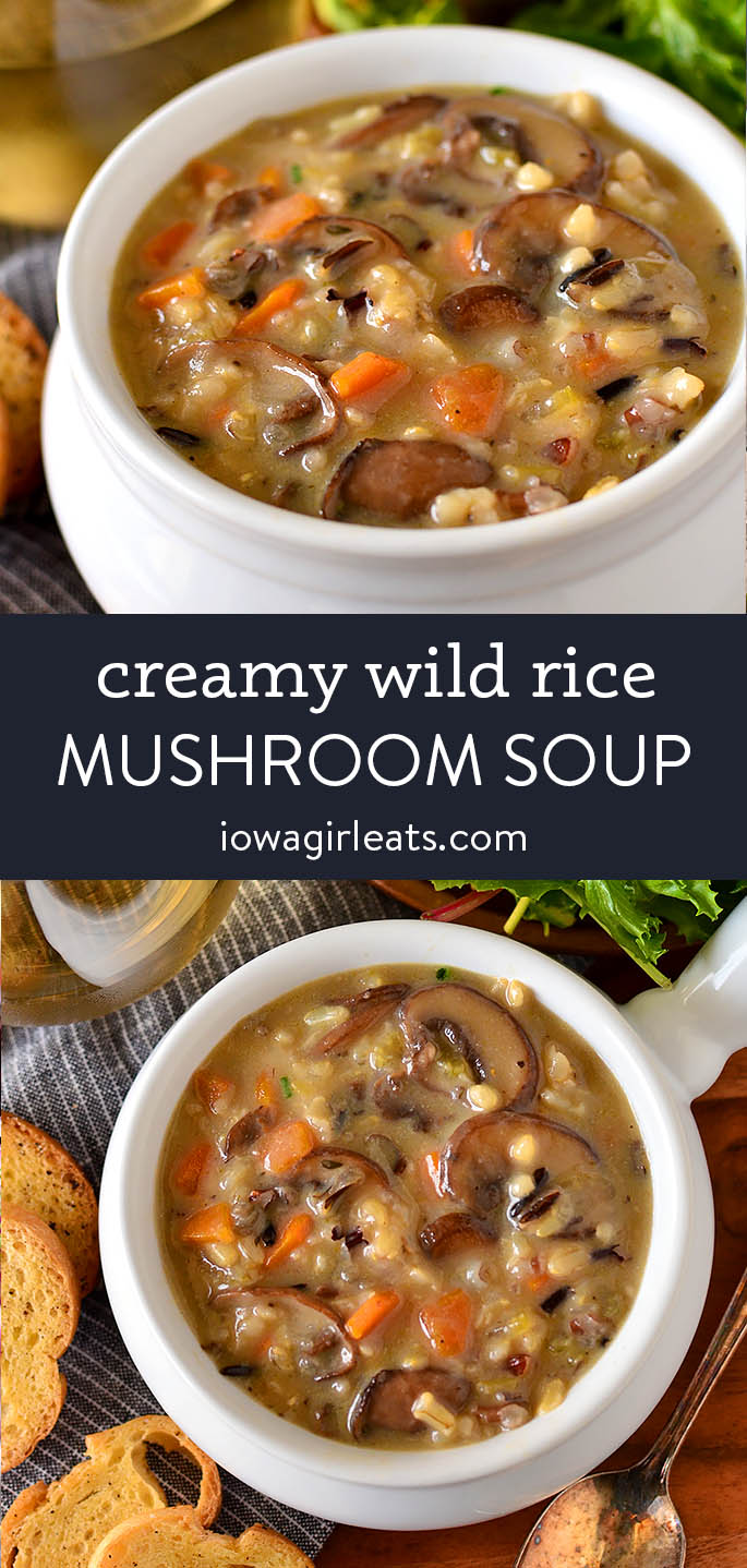 photo collage of creamy wild rice mushroom soup