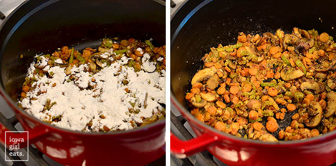 making a roux with vegetables in a dutch oven