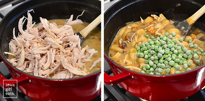 shredded chicken and peas being stirred into a pot of gnocchi chicken pot pie