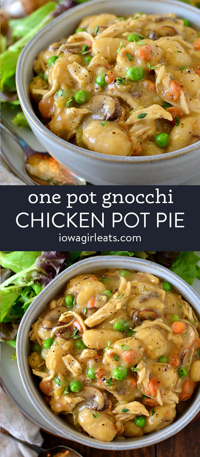 photo collage of one pot gnocchi chicken pot pie