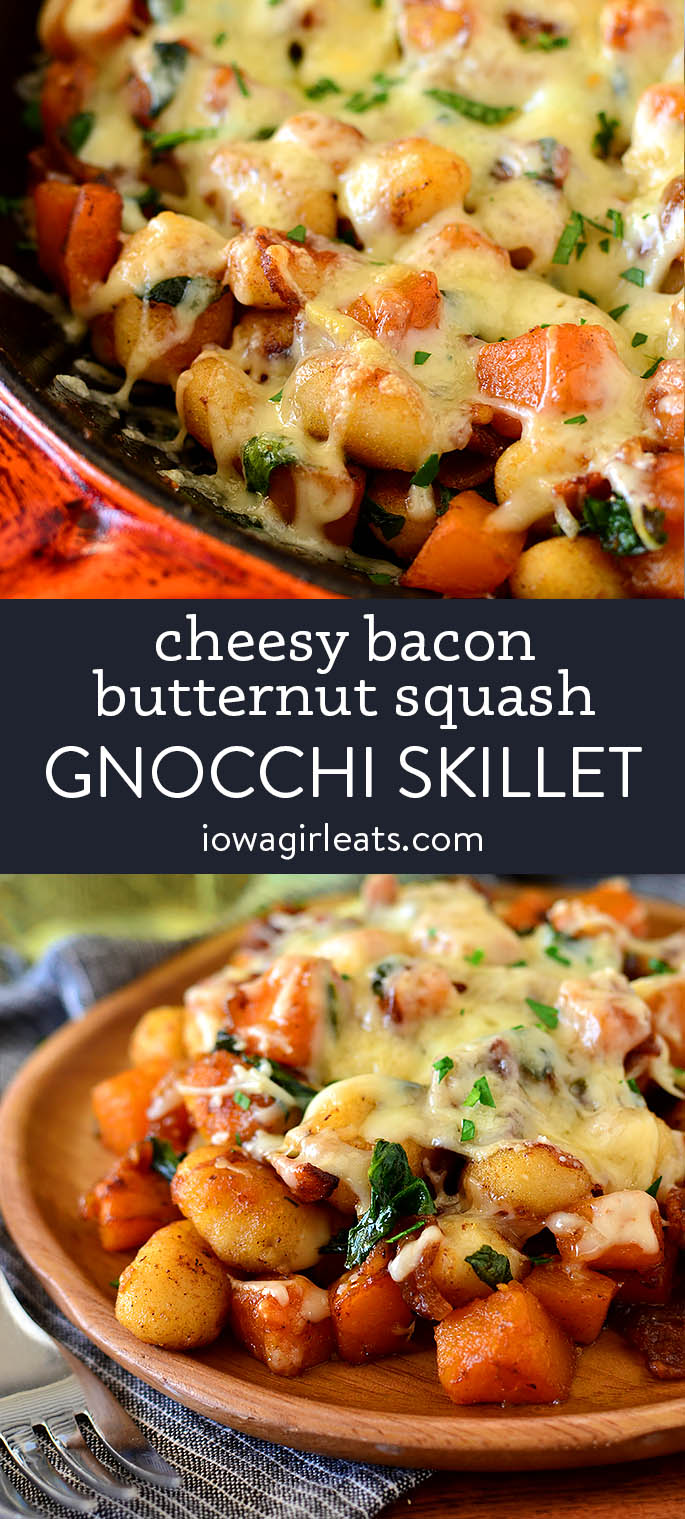 photo collage of Cheesy Bacon Butternut Squash Gnocchi Skillet