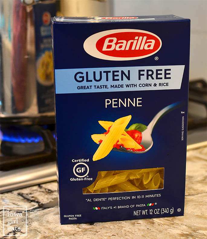 box of gluten free penne sitting on the counter