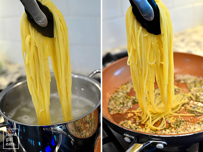 tongs transferring cooked pasta from a pot to a skillet