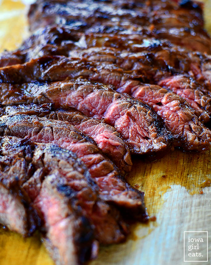 sliced grilled flank steak on a cutting board