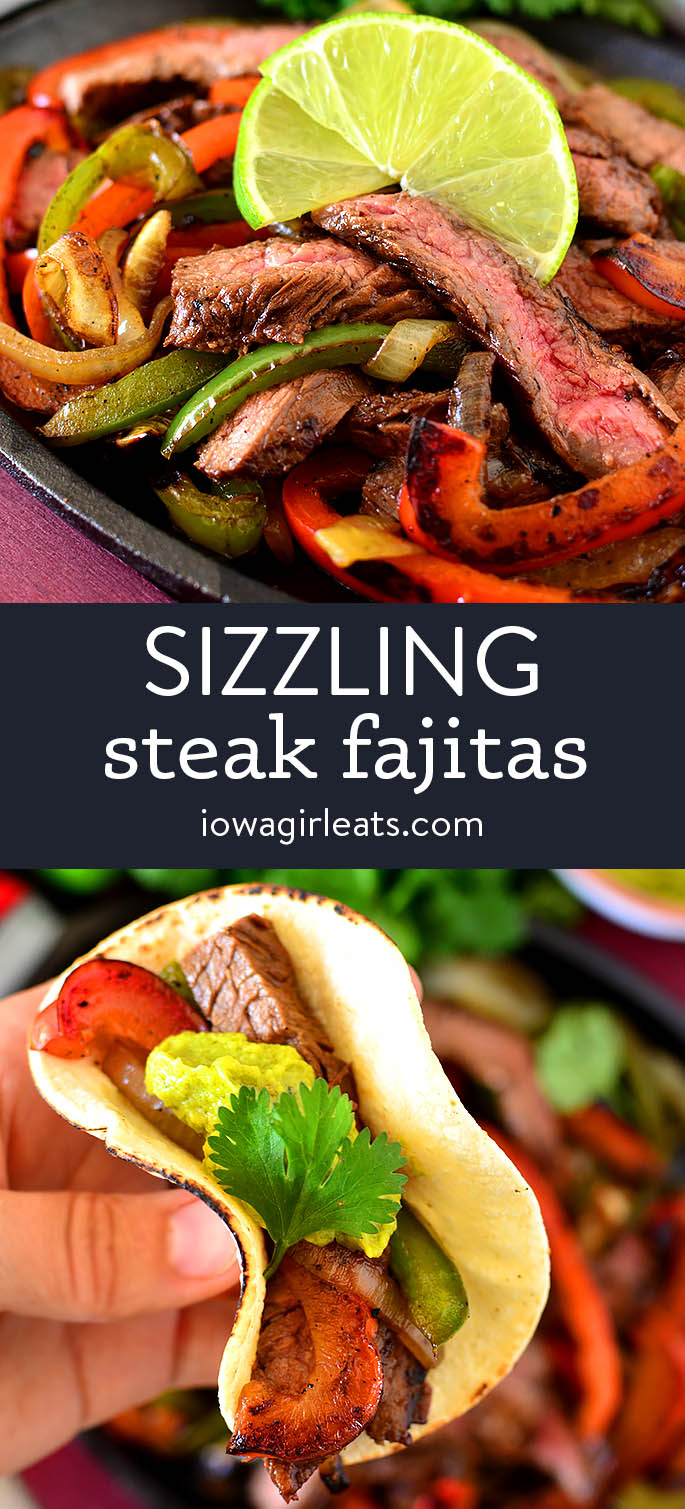 photo collage of sizzling steak fajitas