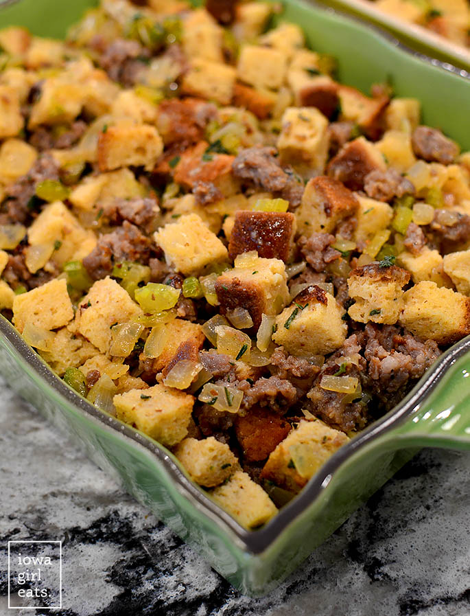 easy gluten free stuffing in a baking dish