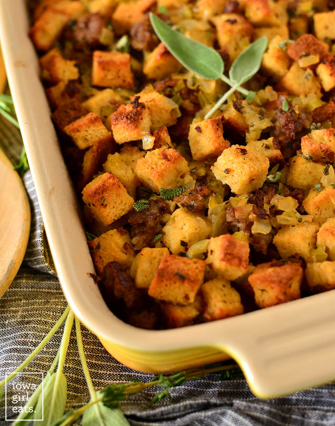 close up view of a dish of gluten free stuffing