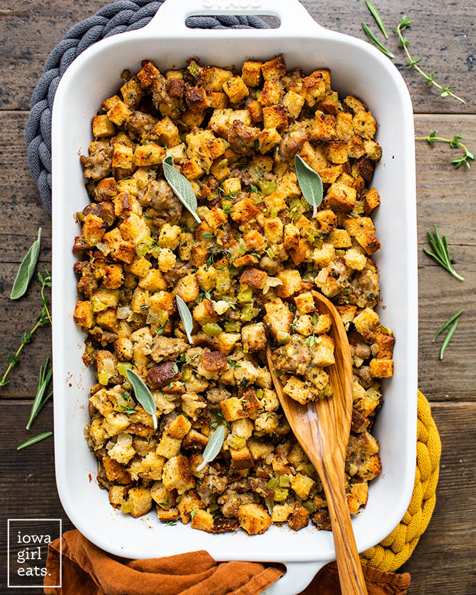 Overhead view of gluten free stuffing in baking dish