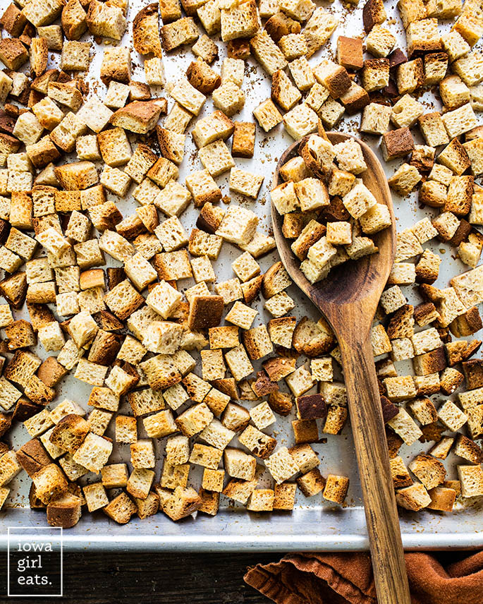 baking sheet of toasted gluten free bread cubes