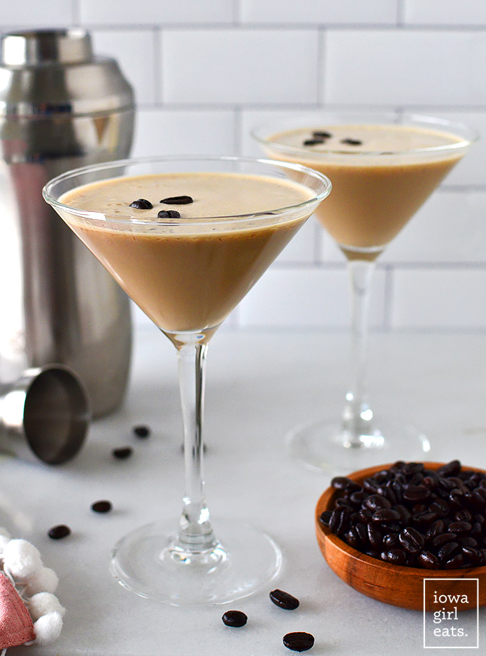 two cold brew martinis with a martini shaker