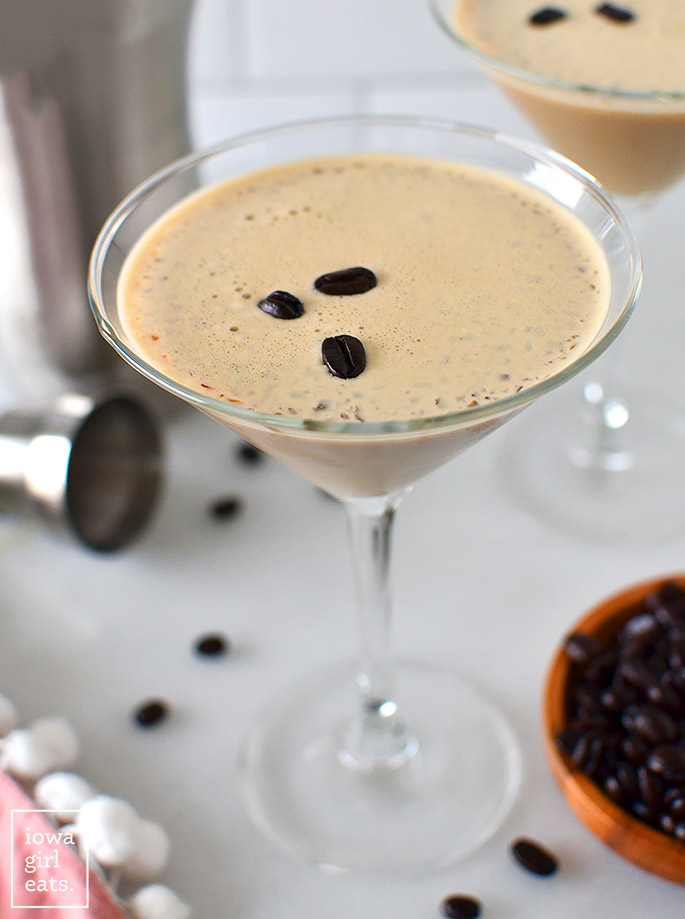 a cold brew martini garnished with espresso beans