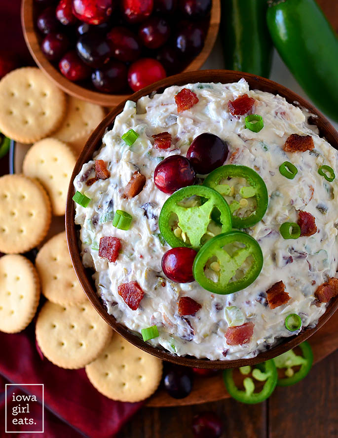 overhead photo of a bowl of cranberry bacon jalapeno dip