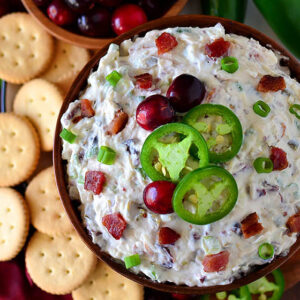 overhead photo of a bowl of cranberry bacon jalapeno dip