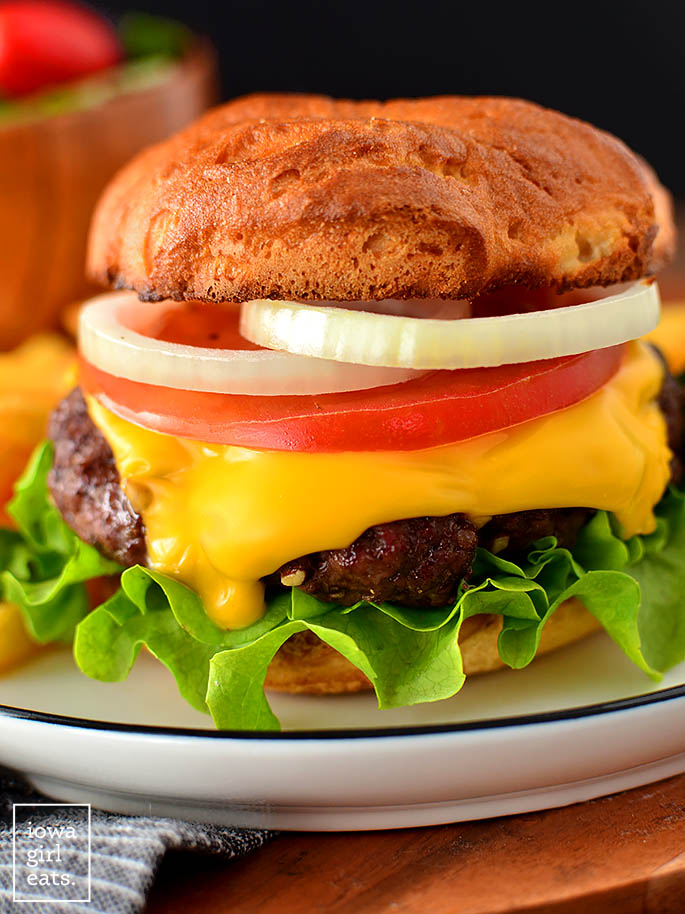 close-up photo of a baked cheeseburger