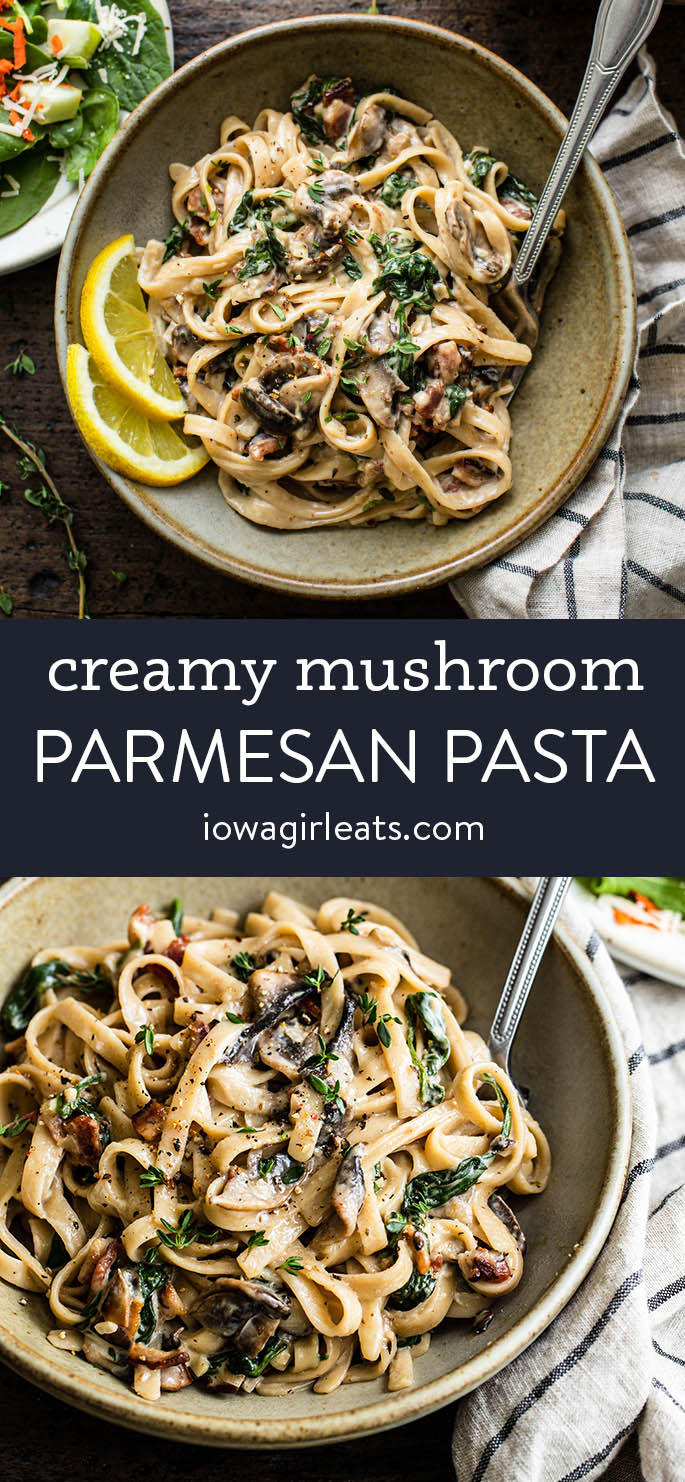 photo collage of creamy parmesan mushroom pasta