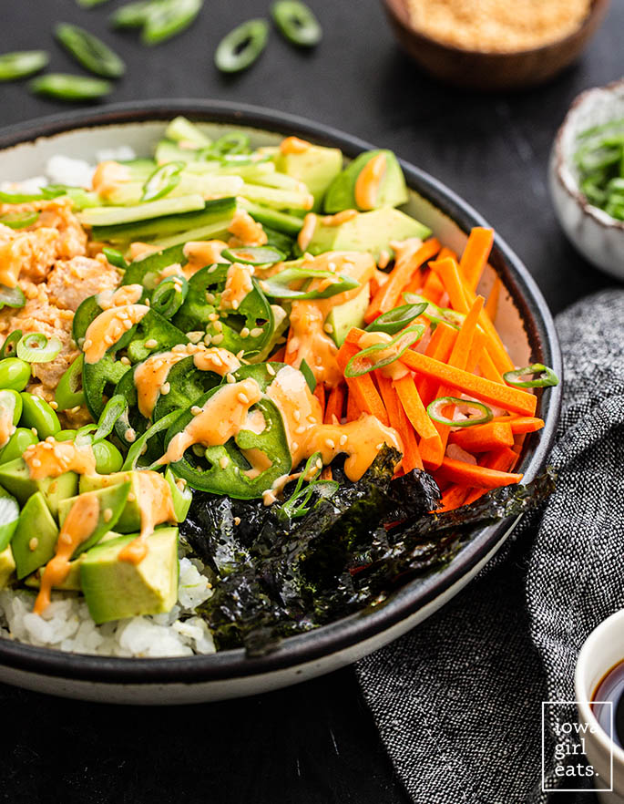 fresh ingredients with spicy tuna in a bowl