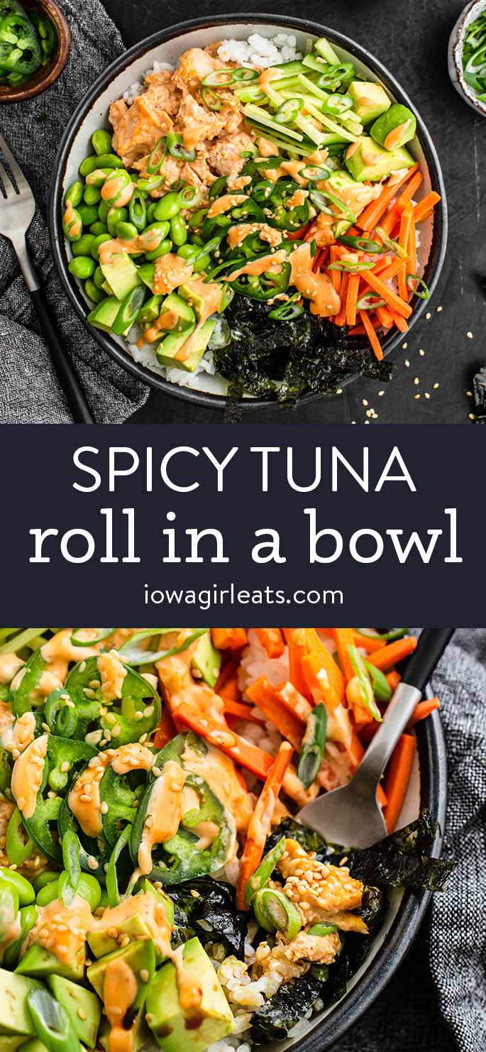 photo collage of spicy tuna roll bowl