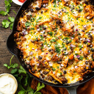 featured image of beef and veggie enchilada skillet