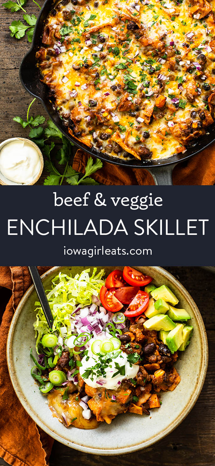 photo collage of beef and veggie enchilada skillet
