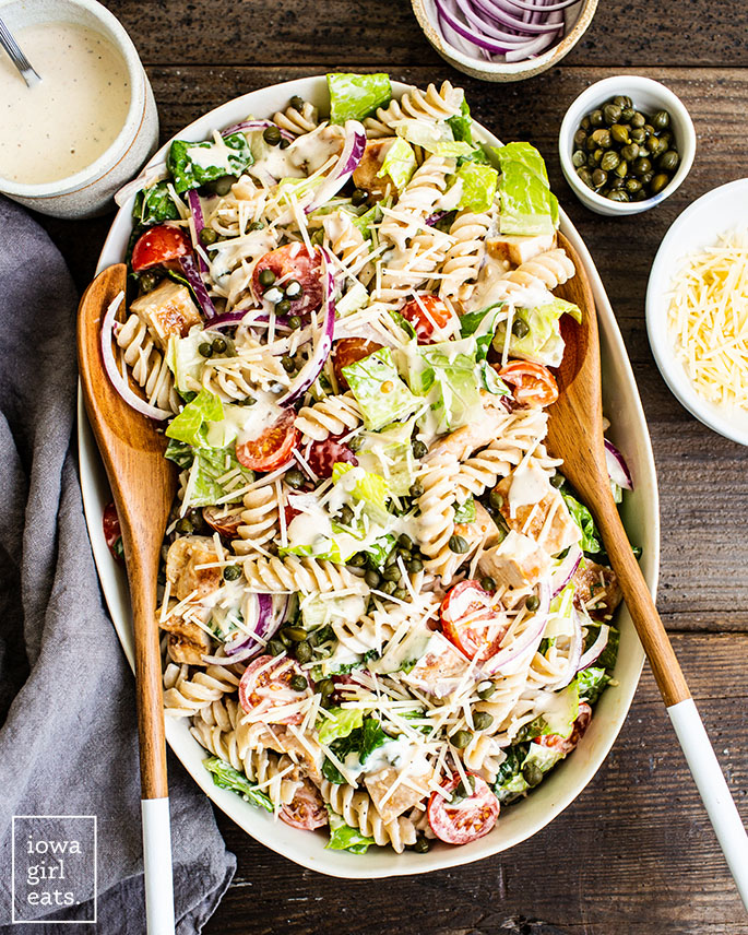 easy chicken caesar pasta salad on a platter