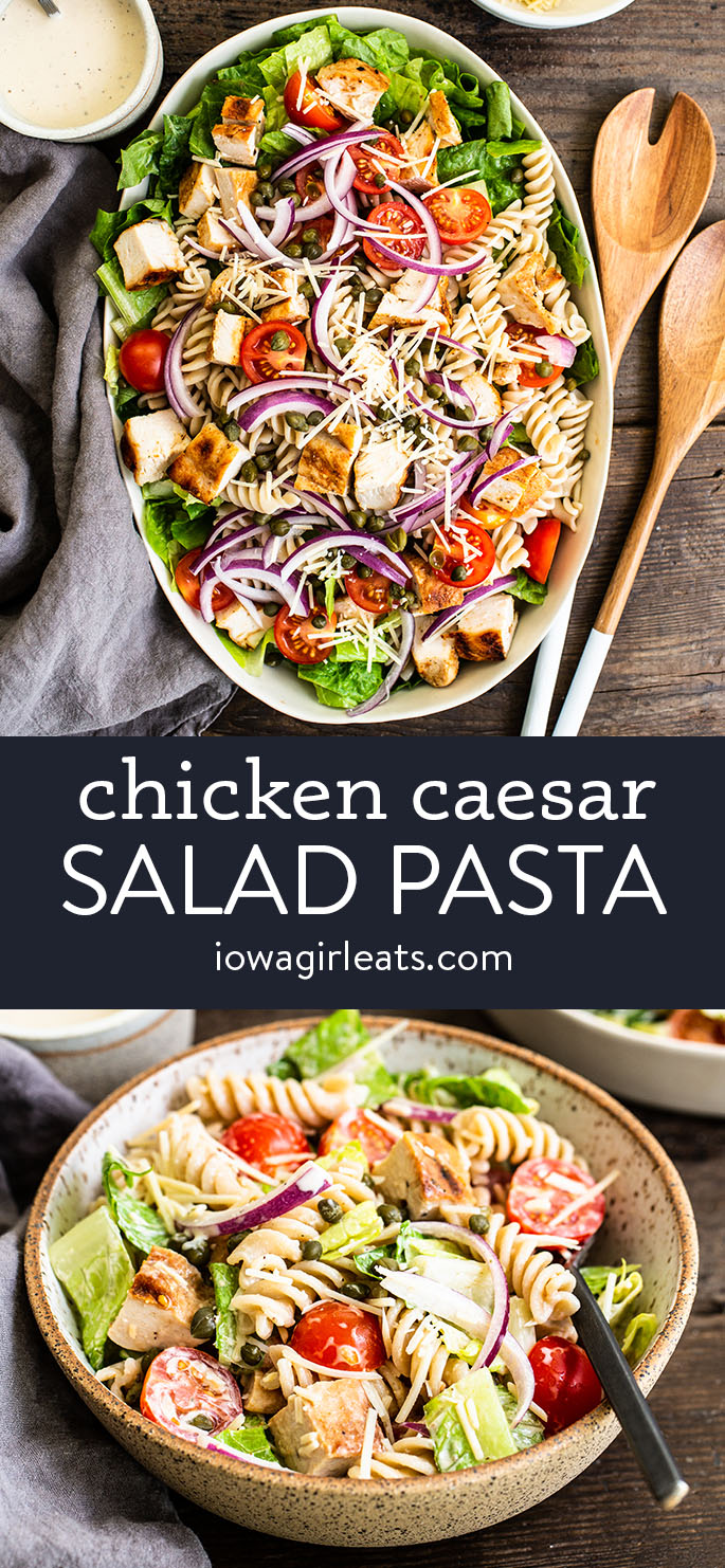 photo collage of chicken caesar salad pasta