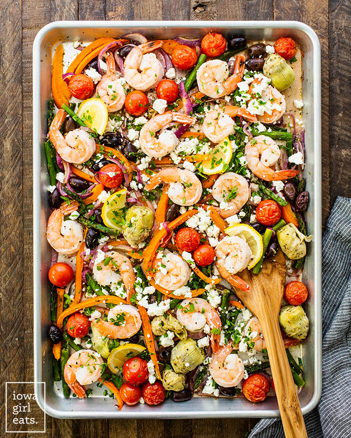 mediterranean shrimp and vegetables on a sheet pan