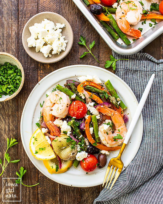 sheet pan mediterranean shrimp and vegetables on a plate