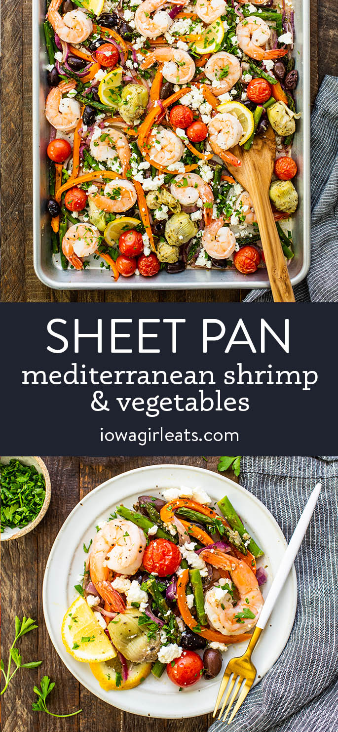 photo collage of sheet pan mediterranean shrimp and vegetables