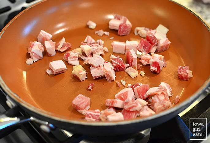pancetta crisping in a skillet