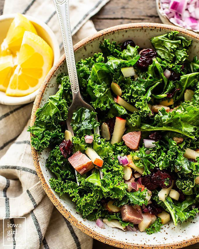 bowl of easy kale salad with a fork