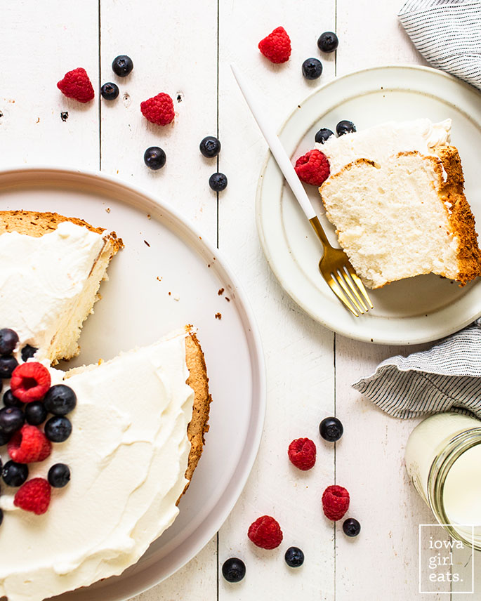 gluten free angel food cake with whipped cream and berries