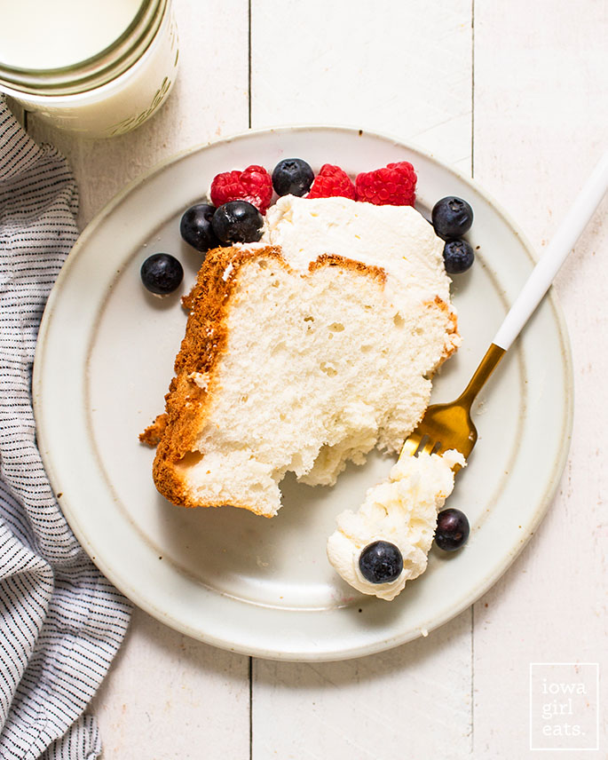 a slice of gluten free angel food cake on a plate with a fork
