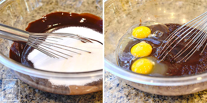 Side by side photos showing sugar and eggs being beaten into brownie batter