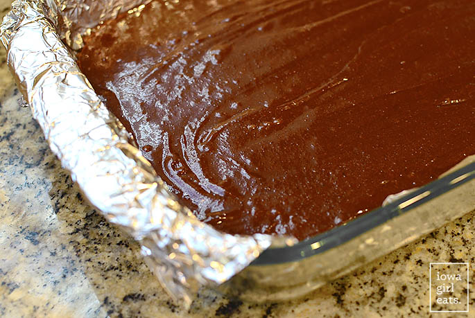 Brownie batter in foil-lined dish