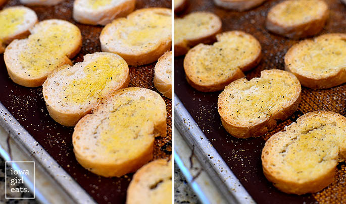 Side-by-side crostini photos, showing before and after baking