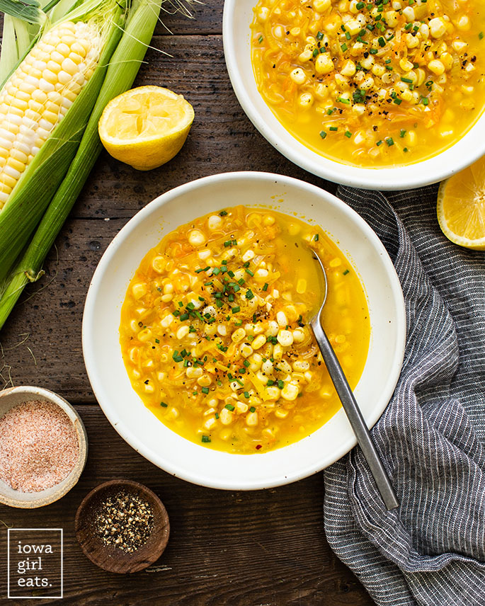 overhead photo of a bowl of sweet corn soup