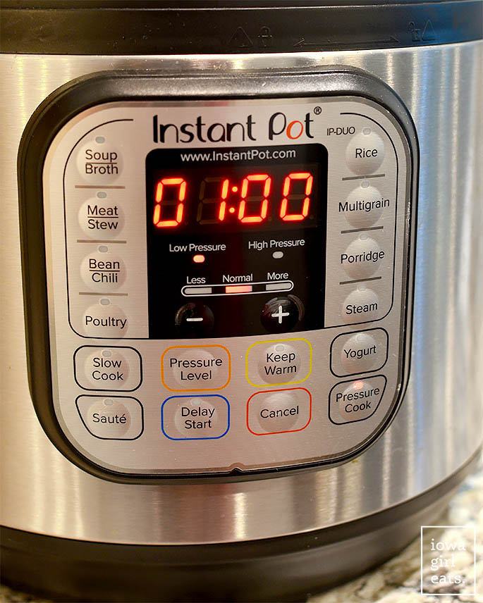 instant pot set to pressure cook for 1 hour