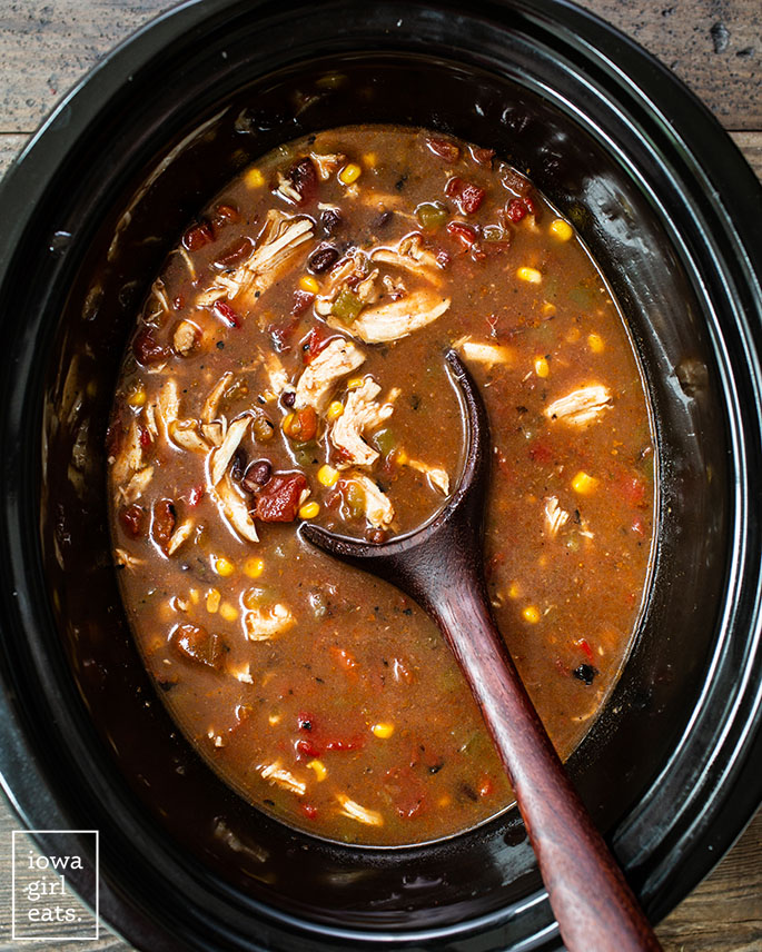 ladle dunking into a crock pot of chicken tortilla soup
