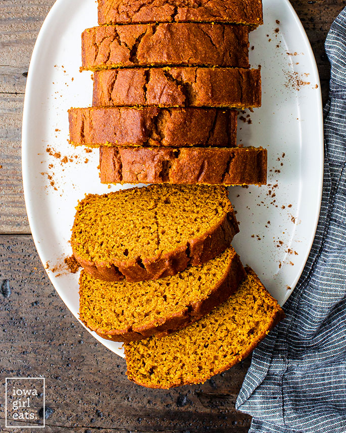 overhead photo of gluten free pumpkin bread slices on a platter