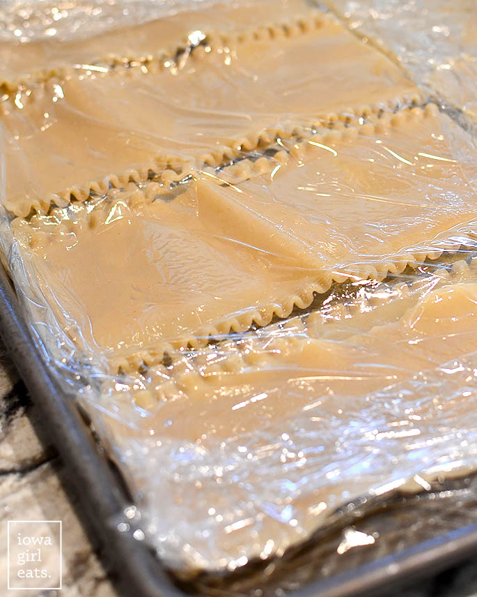 plastic wrap on top of cooked gluten free lasagna noodles