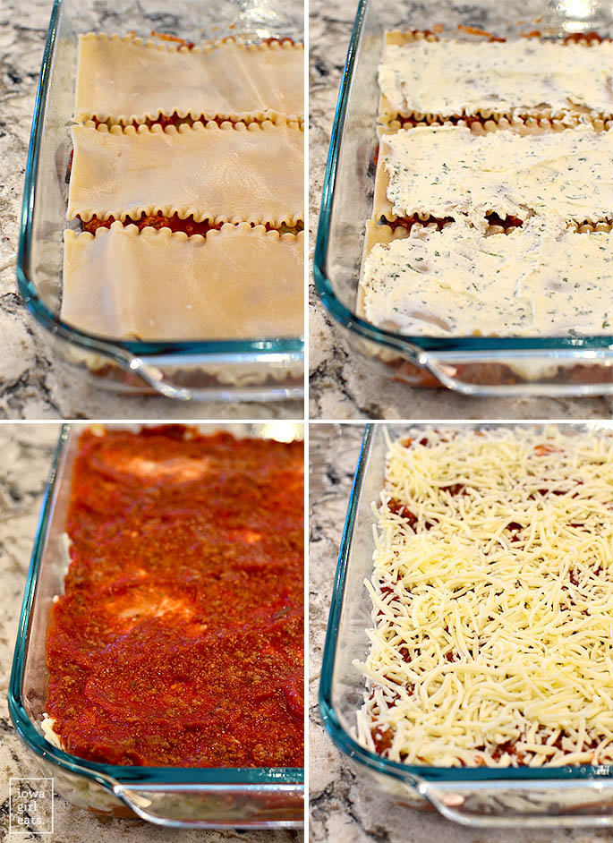 layering gluten free lasagna ingredients in a baking dish